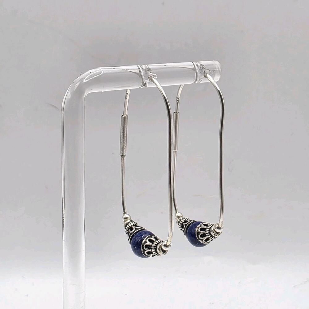 925 Sterling Silver Blue Lapis Lazuli Elongated Hoop Earrings